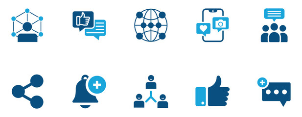 Social Media Interaction Icon Set  Flat icons for sharing, likes, comments, notifications, global network, and messaging. Ideal for app UI and digital marketing use.
