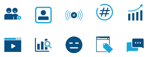 Social Media Analytics and Engagement Icons.Social media icon set featuring growth, analytics, messaging, hashtags, profiles, and engagement tools—perfect for marketing, branding, and digital strategy