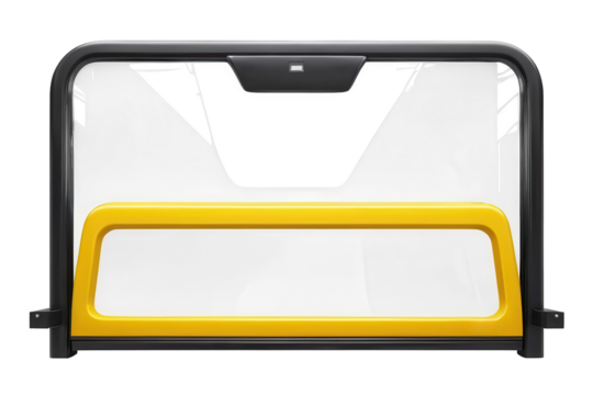 Clear barrier with a yellow safety bar for crowd control isolated on a transparent background