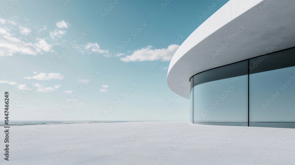 Poster 未来的な白い曲線の建築デザインと青い空 広々とした屋外空間とガラス窓の近代的な構造