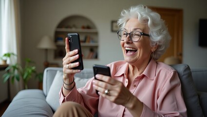 Fototapeta premium Senior Woman Laughing with Mobile Phones