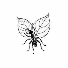 Black ant on leaf detailed insect illustration, minimalist nature line art drawing