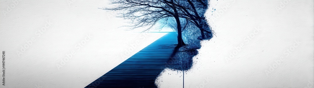 Poster inspirational double exposure art of a human face merging with nature elements, creating a conceptua