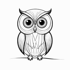 Cute owl character illustration with big eyes, wildlife bird in black line art style