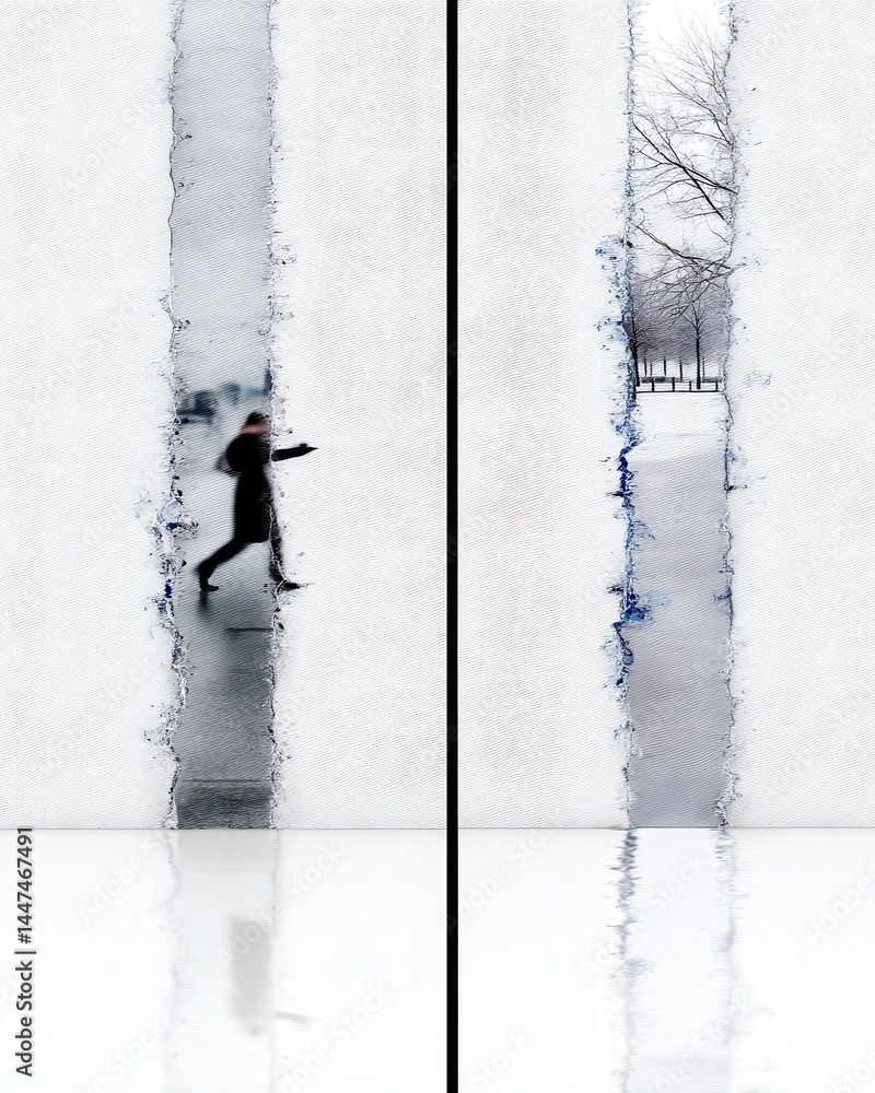Poster conceptual double exposure image showcasing a person walking through a creative fragmented window, b