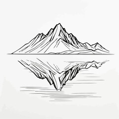 Fototapeta premium Mountain lake reflection landscape, serene nature scene with peaks in minimalist black line art