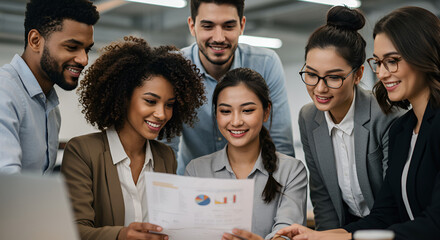 Diverse business team reviewing documents together.  Group of professionals examining a report or presentation