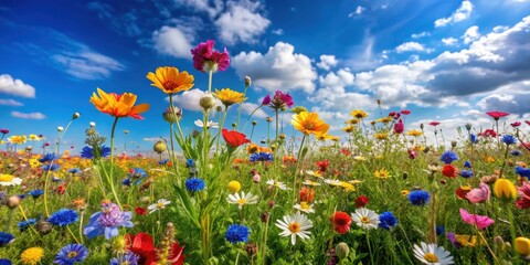 A field of vibrant wildflowers swaying gently in the breeze with a bright blue sky above , blossom garden, coloured flowers