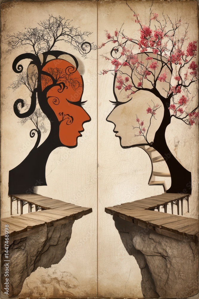 Poster Creative Double Exposure Concept Illustrating Harmonious Connection Between Nature and Emotion in Artistic Style