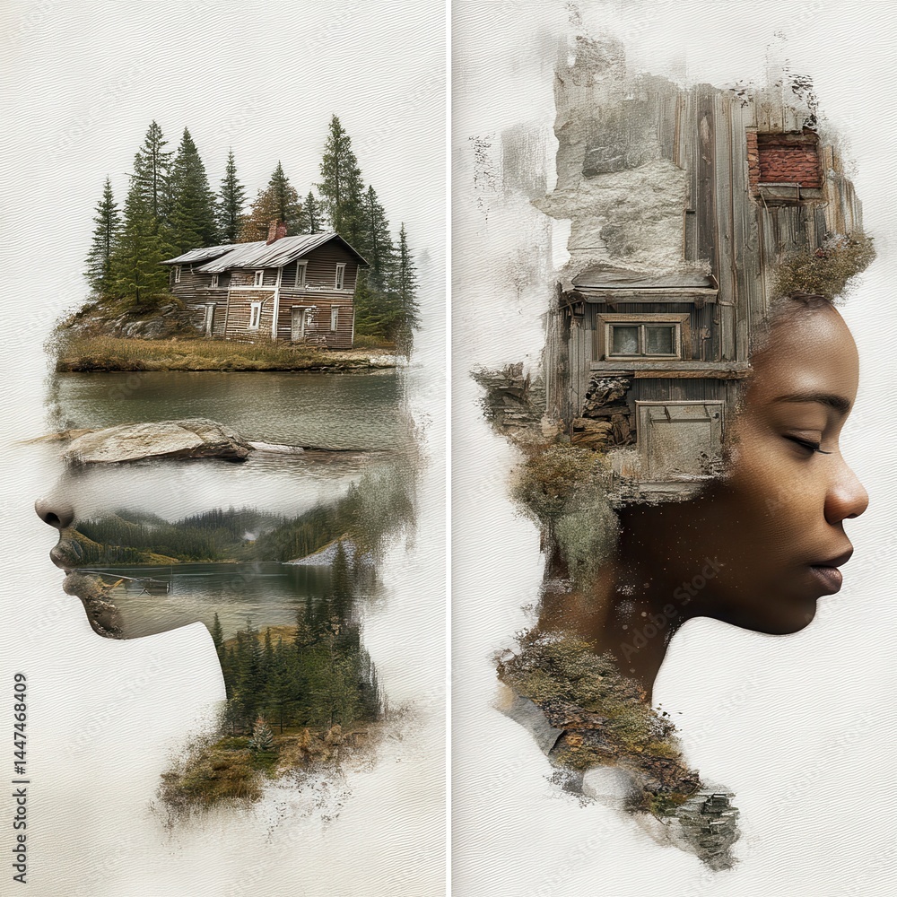 Poster inspirational double exposure art blending nature and human portraits creating a unique conceptual v
