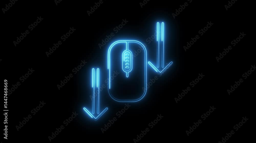 Poster glowing neon mouse scroll down animation on black background