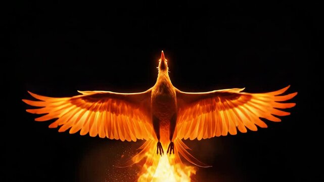 Fiery phoenix rising against a black background  