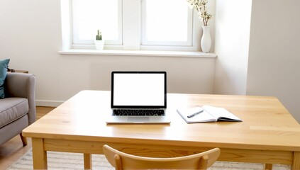 Modern workspace with simple wooden desk, laptop and notebook, bright room with natural light, ideal for productivity and focus.