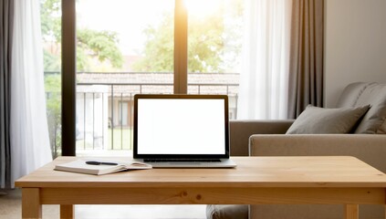 Cozy workspace setup, modern laptop on wooden table, bright natural light pouring in, ideal for remote work or casual study.