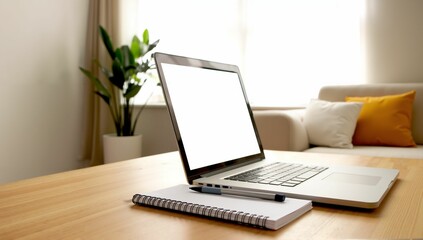 Modern workspace scene, minimalistic laptop on a wooden table, natural light illuminating a casual, inviting atmosphere.