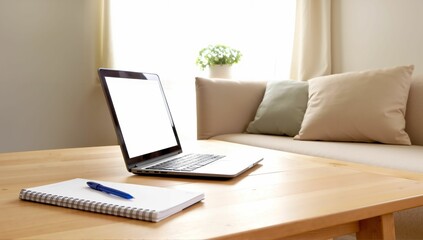 Cozy workspace with laptop, modern desk setup featuring notebook and pen, ideal for remote work or studying, bright and inviting ambiance.
