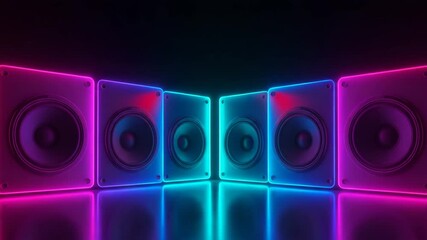 Neon Speakers with Colorful Reflections in Dark Background  