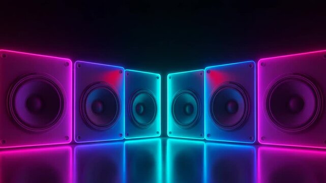 Neon Speakers with Colorful Reflections in Dark Background  