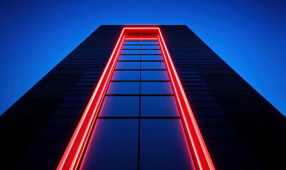 Modern architectural building with glowing neon lines against a deep blue evening sky showcasing sleek design and urban ambiance