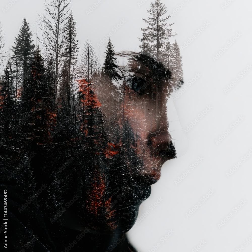 Poster creative and inspirational double exposure portrait capturing wilderness in a person's profile with 
