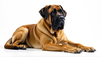 Obraz premium Large mastiff, relaxed pose, pure white backdrop, peaceful, mastiff