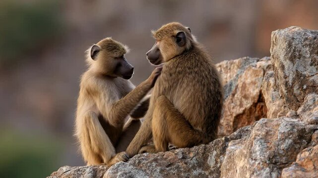 Two baboons share a tender moment, showcasing their social bonds in a natural habitat, emphasizing the beauty of wildlife and the depth of animal emotions and relationships.