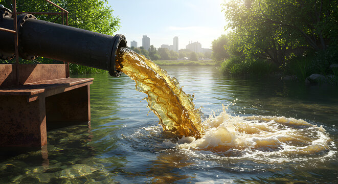 Industrial Pipe Discharging Brown Liquid Waste into River on Sunny Day with City in Background
