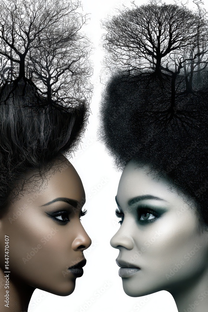 Poster inspirational double exposure conceptual art featuring two ethereal figures with trees incorporating