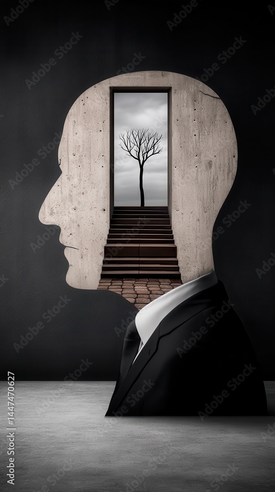 Poster conceptual artwork illustrating duality of human thought with open door and tree, symbolizing inspir