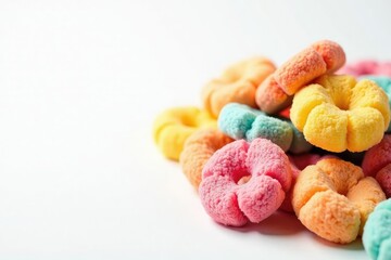 Pile of colorful sugary snacks on white background, snack, donuts, obesity