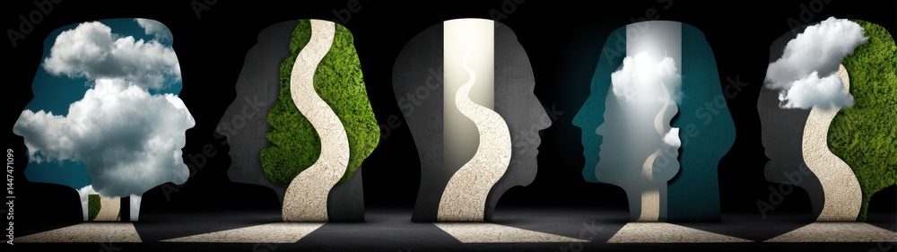 Poster conceptual double exposure art with creative elements representing nature and reflections of human t