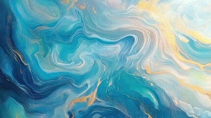 Fototapeta premium Abstract fluid acrylic painting exhibiting swirling teal and gold hues.