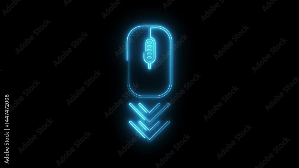 Poster computer mouse scroll down animation with glowing blue neon light isolated on black background techn