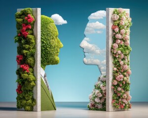 Creative Conceptual Double Exposure Art Depicting Two Faces Formed by Nature with Flowers and Greenery Against a Blue Sky Background