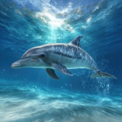 Fototapeta premium Graceful Dolphin Swimming Playfully in Clear Blue Ocean Waters Beneath a Bright Shining Sun Creating a Joyful and Tranquil Marine Scene
