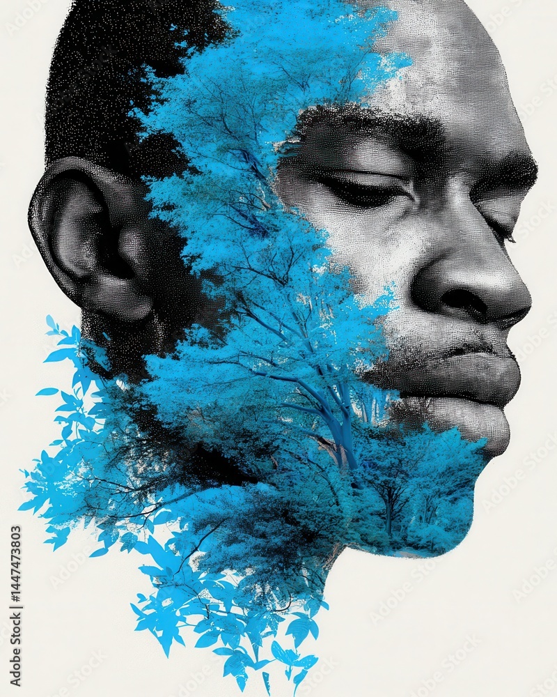 Poster inspirational double exposure portrait of a man with creative conceptual blue tree and nature elemen