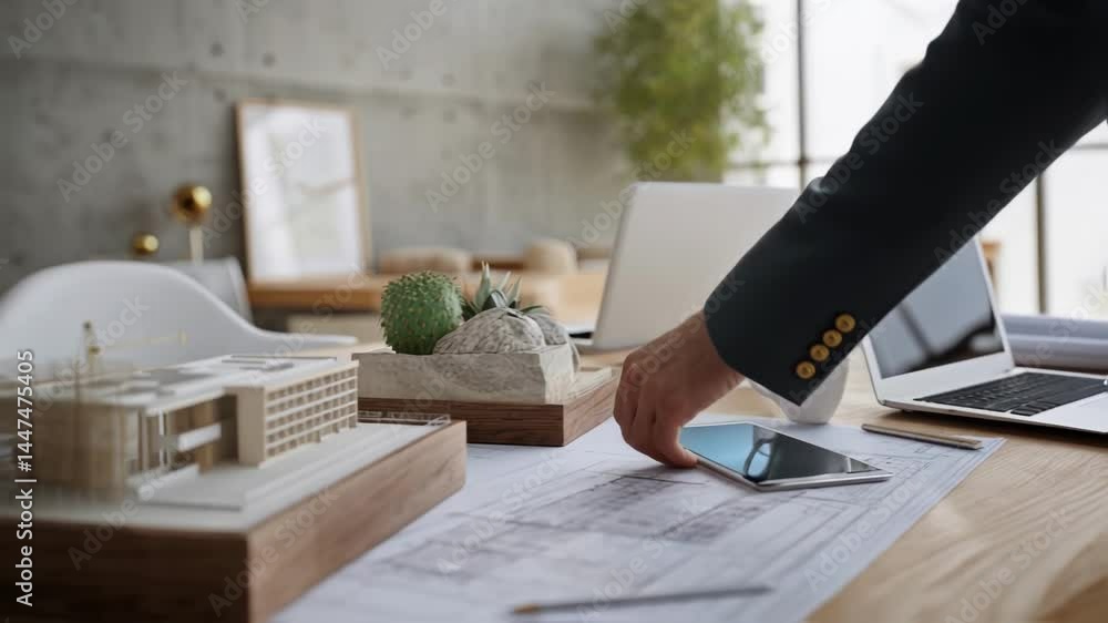 Aufkleber professional architect working with digital tablet near architectural model and blueprints, navigati