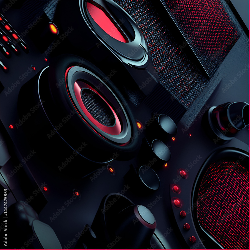 Poster dynamic sound system showcase urban studio digital graphics modern technology close-up view audio in