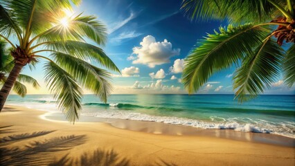 Obraz premium Warm sandy beach with palm trees swaying in ocean breeze, summer vacation