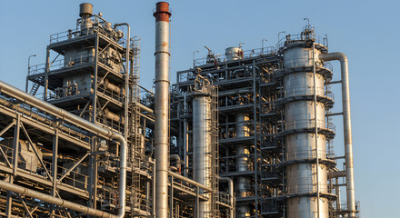 Oil Refinery Plant at Golden Hour Featuring Metallic Pipes and Towers Against Light Blue Sky
