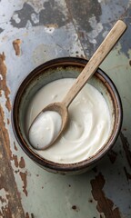 Creamy Yogurt in Rustic Bowl: A bowl of creamy, thick yogurt sits on a rustic surface, a wooden spoon resting inside. The texture and color are inviting, suggesting freshness and natural ingredients.