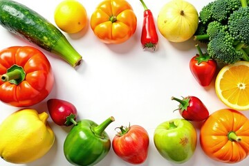 Variety of organic fruits and vegetables on white background, raw food, minerals