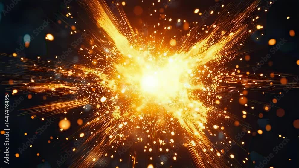 Poster dynamic explosion of golden sparks on a dark background, creating a visually stunning and energetic 