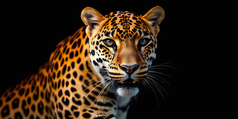 Obraz premium a leopard against a black background. The leopard's face is centered, showcasing its striking features with sharp clarity