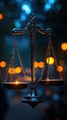 Scales of justice are softly illuminated by candlelight against a bokeh background in the twilight