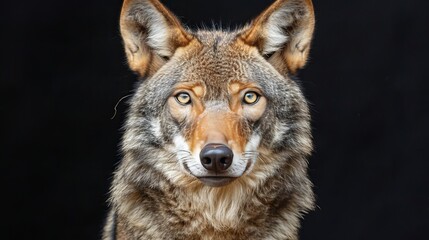 Majestic adult wolf portrait against a dramatic black background showcasing its fierce elegance