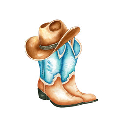 Cute hand drawn watercolor cowboy boots and hat illustration featuring a rustic design and warm colors
