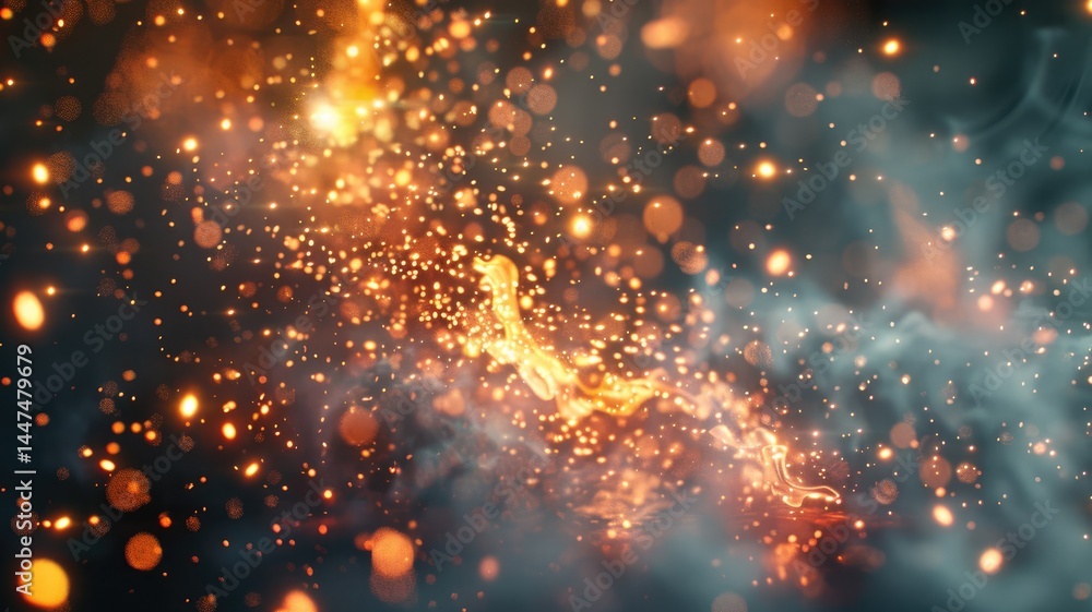 Poster abstract galaxy with swirling blue and orange particles. digital artwork for design of cloud and smo