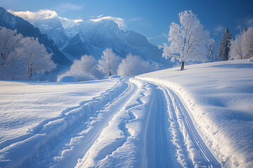 breathtaking nature scene showcases a pristine winter wonderland adorned with perfectly carved cross country ski tracks, inviting adventure and serenity    