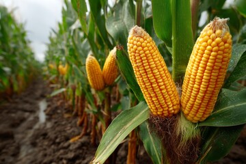 Close-up of ripening yellow corn cobs growing on plants in an agricultural field ready for harvesting and providing food